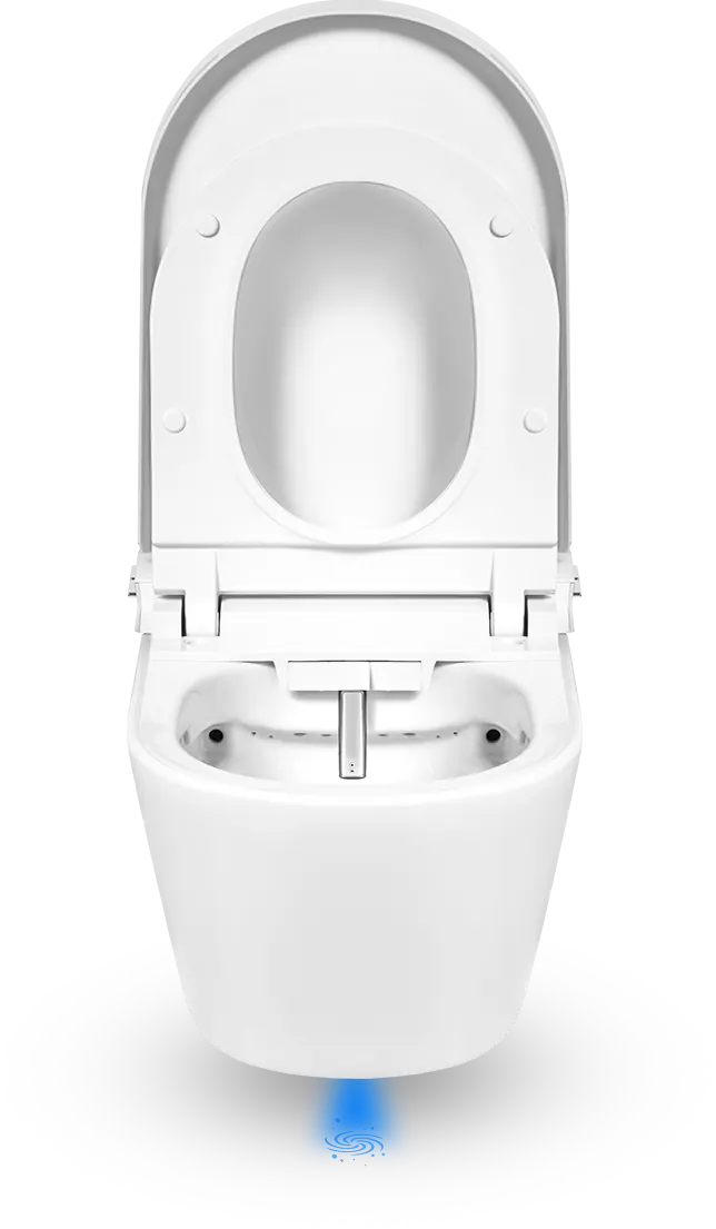 CleanWave Breeze wall-hung shower toilet with open lid, wash nozzle and illuminated foot sensor