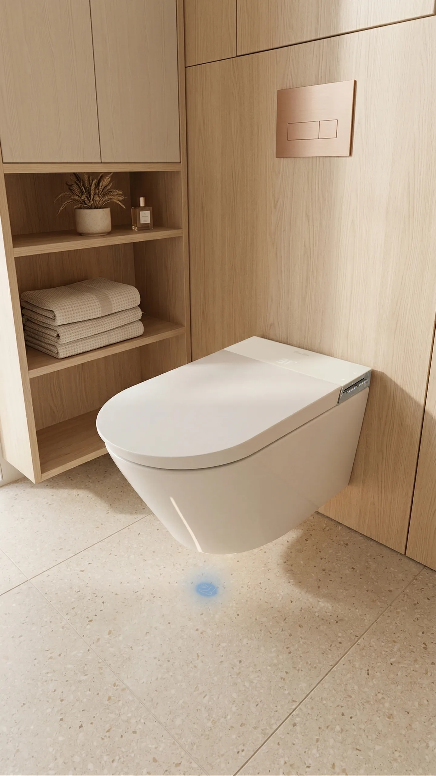 Breeze against warm timber cabinetry with a terrazzo floor